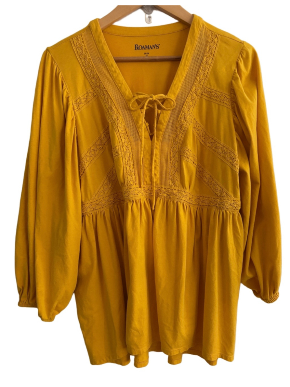 Roamans mustard t shirt fabric 3/4 slv lace up oversz top SZ 14/16 boho peasant
